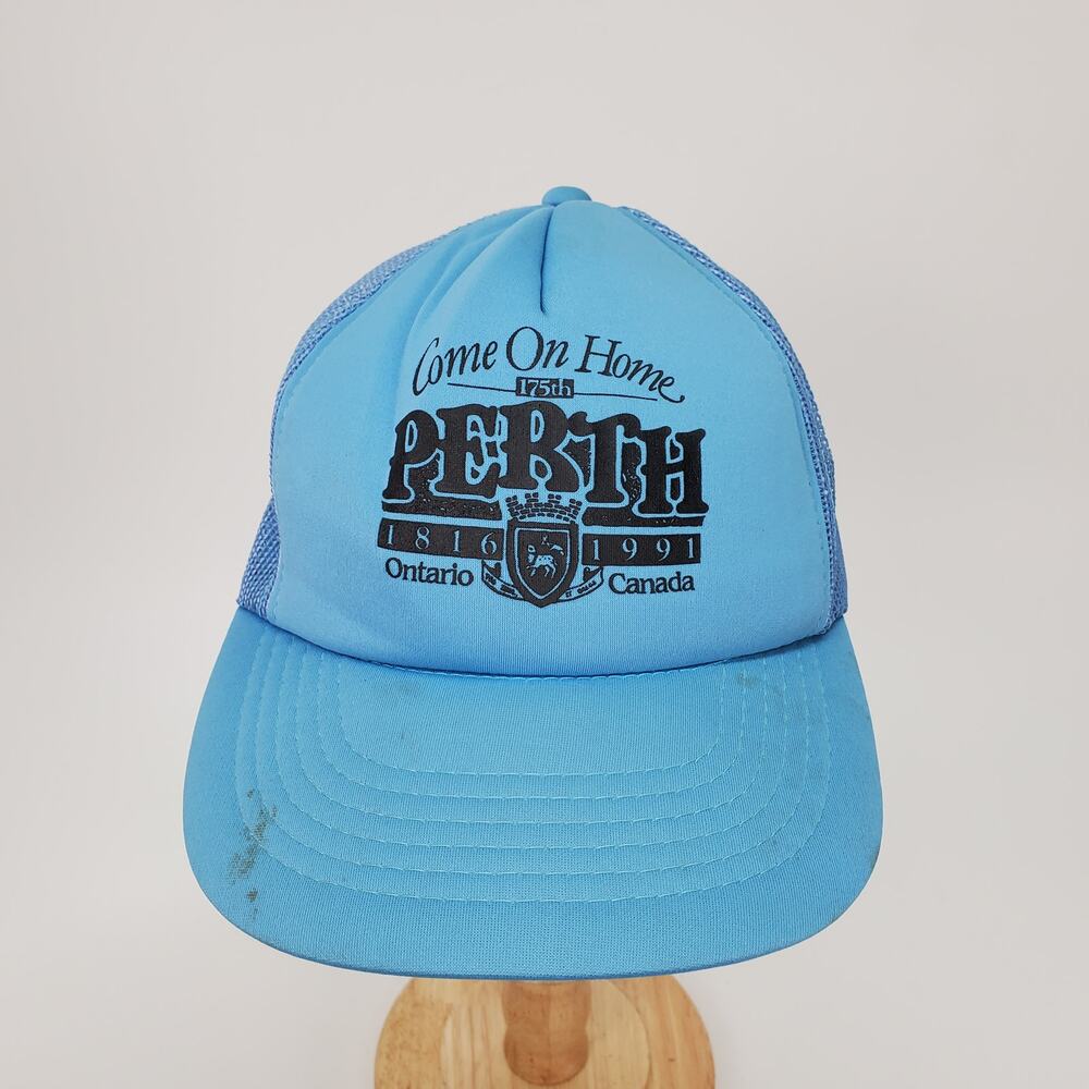 Vintage Perth‎ Ontario 175th Anniversary Trucker Hat Blue Mesh Snapback Cap 1991